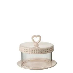 J-Line Cake bord onder glas - taartplateau - keramiek - roze - S