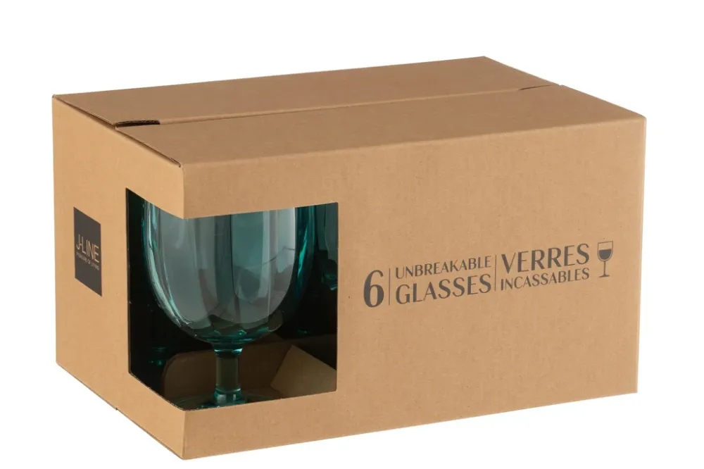 J-Line Doos van 6 stuks wijnglazen plastic blauw