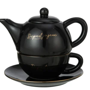 J-Line D - part Joyeux theekopje + theepot - porselein - zwart/ goud