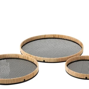 J-Line Rond Rotan plateau - dienblad - metaal - zwart/ naturel - 3x