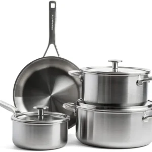 KitchenAid Pannenset Multi-Ply Stainless Steel 4-delig - RVS - Kookpan ø 20, 24 cm, Steelpan ø 16 cm & Koekenpan ø 24 cm
