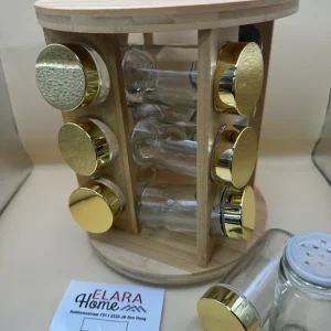 Kruidenset op 360° Draaiplateau – 12 Glazen Potjes met Gouden Deksel & Houten Standaard
