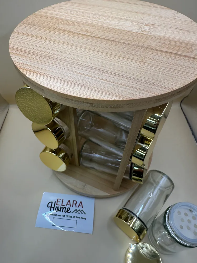 Kruidenset op 360° Draaiplateau – 12 Glazen Potjes met Gouden Deksel & Houten Standaard
