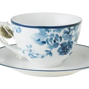 Laura Ashley Blue China Rose Set 4 Tassen en ondertassen 0,26l Wit Porselein