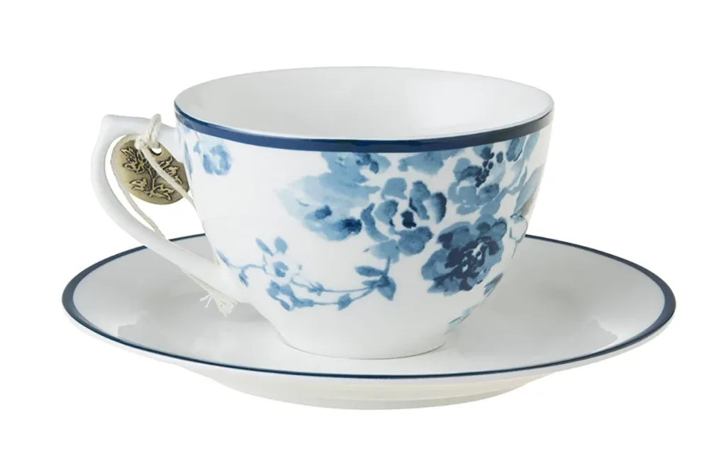Laura Ashley Blue China Rose Set 4 Tassen en ondertassen 0,26l Wit Porselein