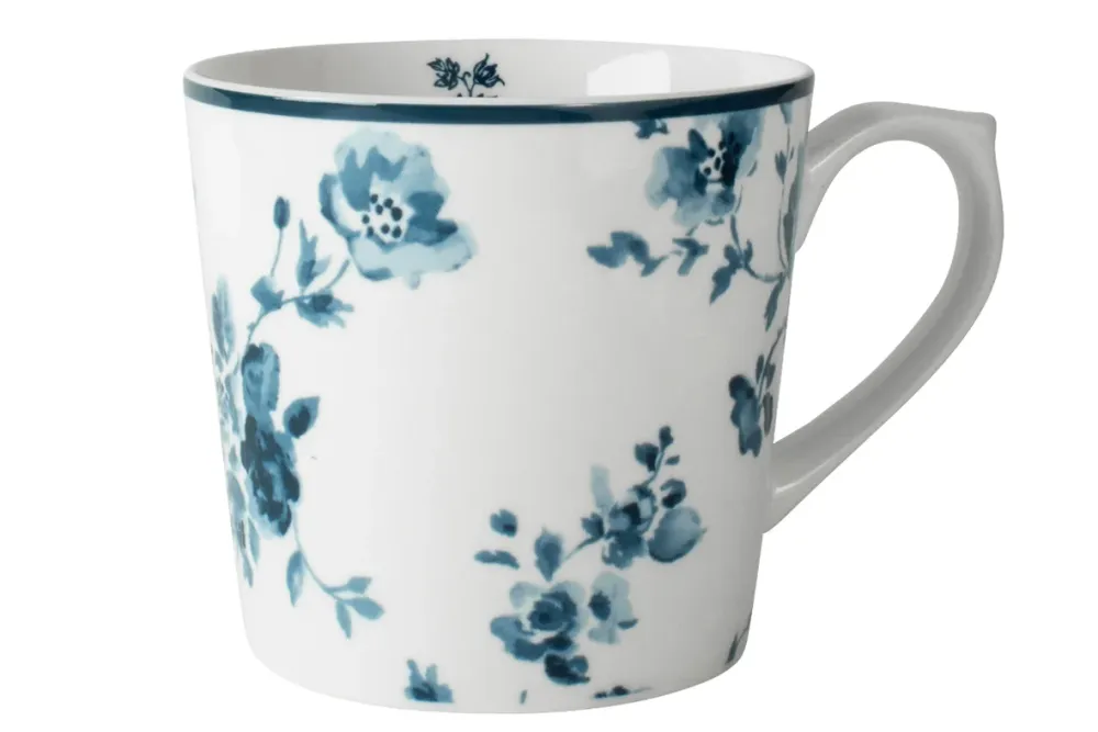 Laura Ashley Blue China Rose Set 4 Mugs XL 0,54l Wit Porselein