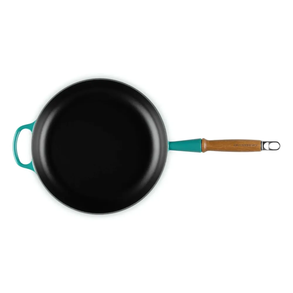 Le Creuset Koekenpan Signature rond houten handvat 28cm 2,6l Bleu Riviera Gietijzer