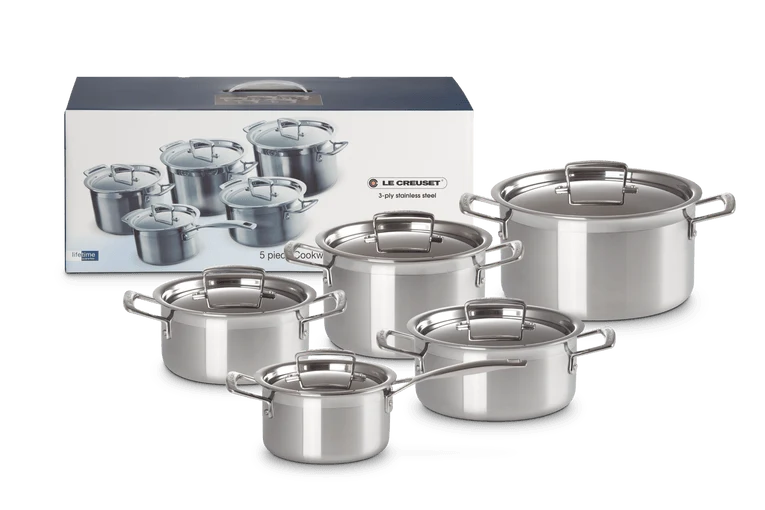Le Creuset RVS kookpan 18cm / 20cm / 24cm + lage kookpan 20cm + steelpan 16cm