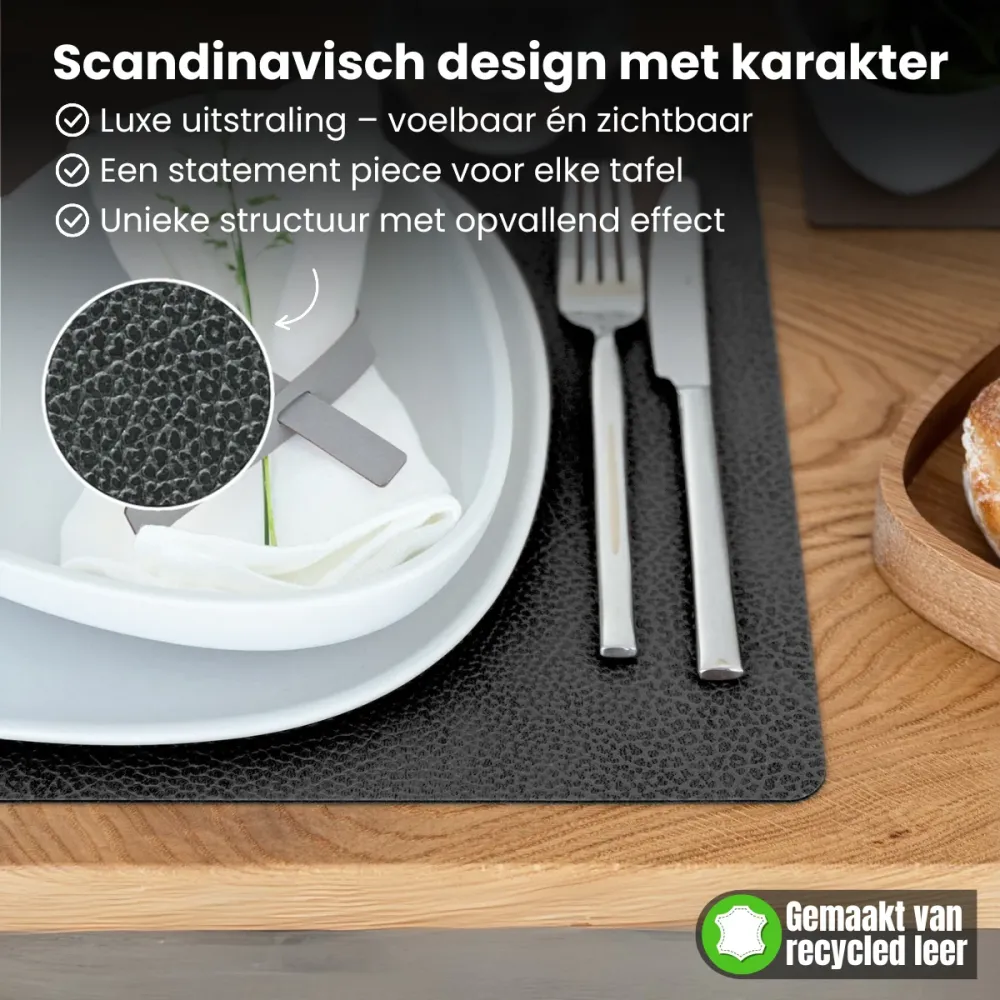 LIND DNA Placemats Hippo - Leer - Anthracite Grey - 45 x 35 cm - 2 Stuks