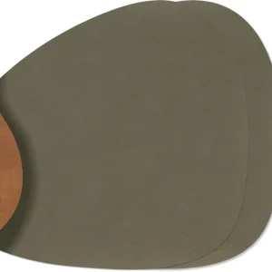 LIND DNA Placemats Nupo - Leer - Army Green / Nature - Curved - dubbelzijdig - 44 x 37 cm - 2 Stuks
