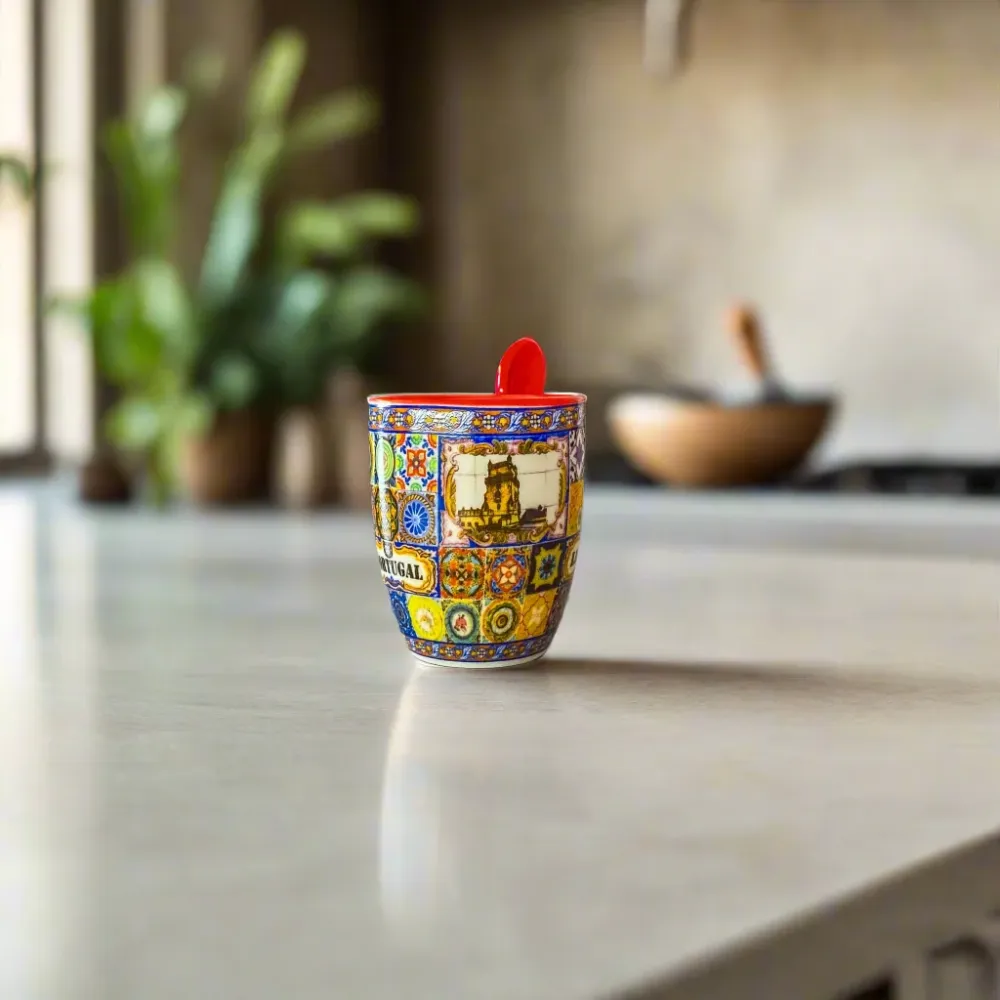 Lissabon Souvenir Espresso Kopje met Veelkleurig Azulejo Patroon, Historische Motieven en Rode Lepel – Cadeaudoos Inbegrepen