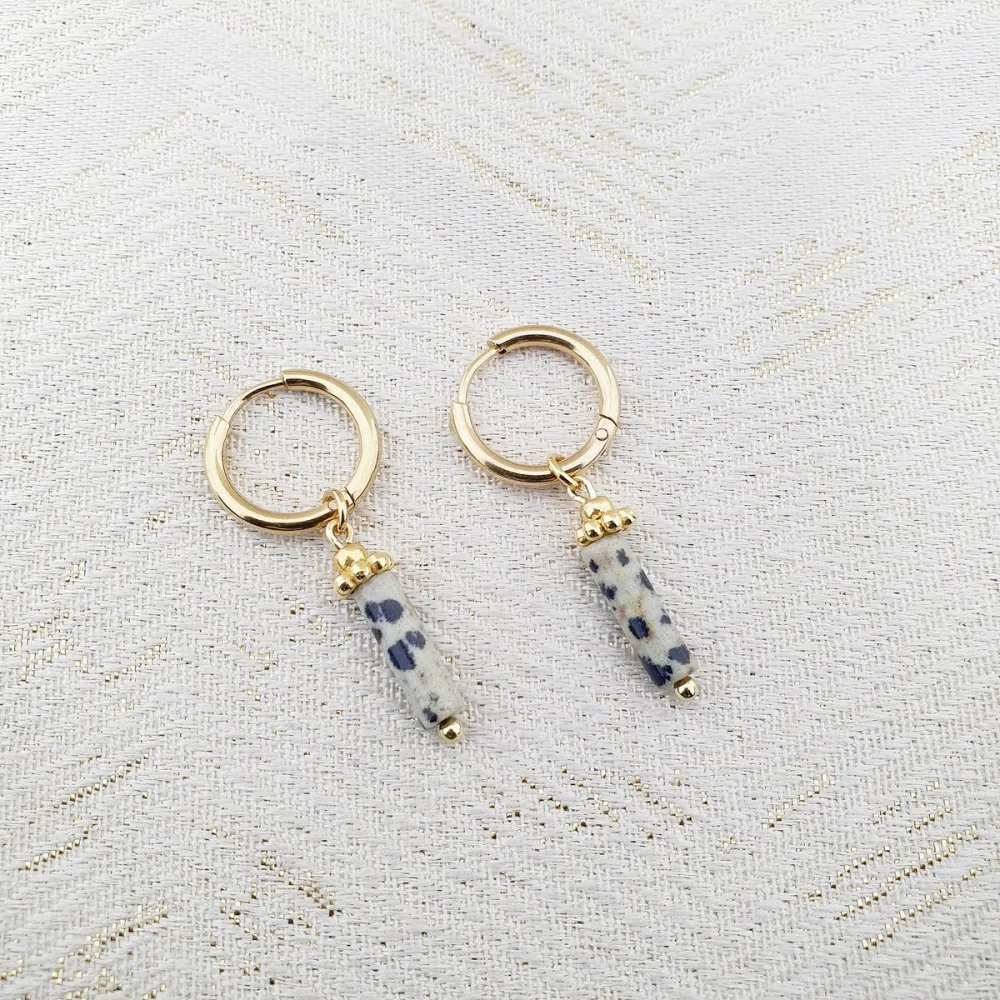 Mooi! Jewels oorringen met natuursteen tube rond bruin/zwart goud