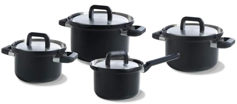 BK Pannenset Flow Cool Zwart 4-delig - RVS - Kookpan ø 16, 18, 20 cm & Steelpan ø 16 cm