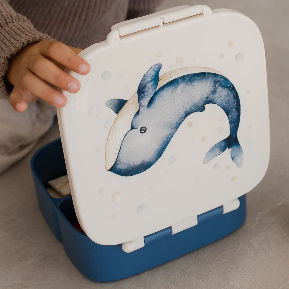 Petit Monkey Bentobox Whale Back to School - Blauw/Wit