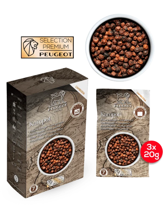 Peugeot doos met 3 zakjes Kampot rode peper 60g (3x20g)