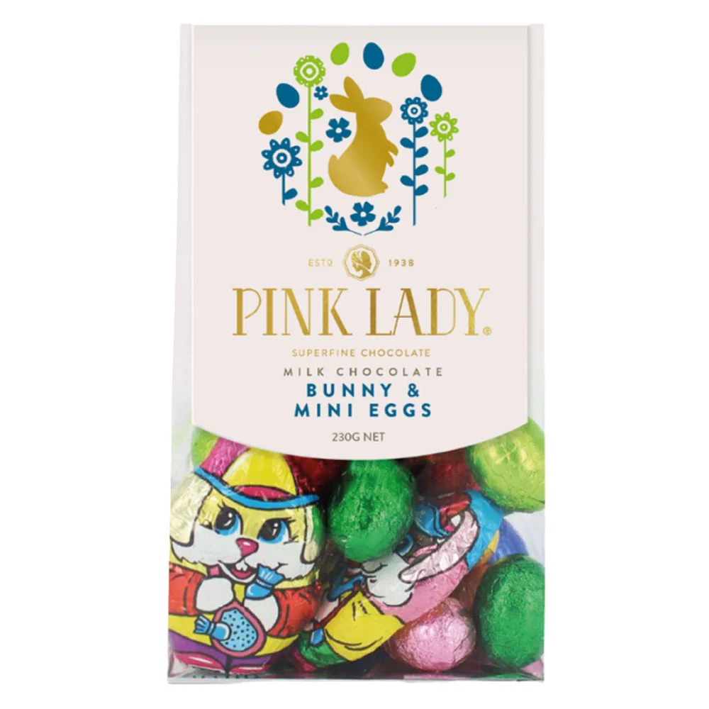 Roze dame mini -konijntjes en mini -melkchocolade eieren 230G Pink Lady