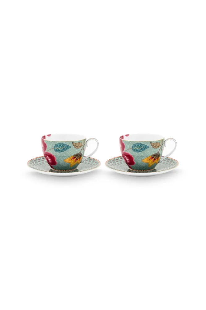 Pip Studio Kop en Schotel - Blooming Tales - Blauw - 300ml - Set van 2