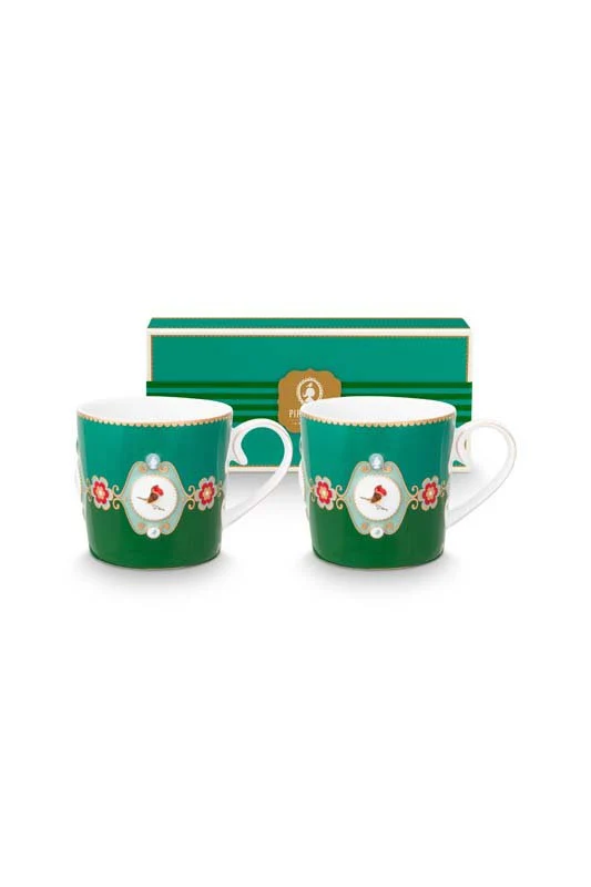 Pip Studio Mokken - Love Birds Medallion - Donkergroen - 190ml - Set van 2