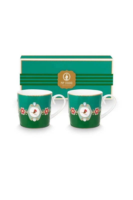 Pip Studio Mokken - Love Birds Medallion - Donkergroen - 190ml - Set van 2