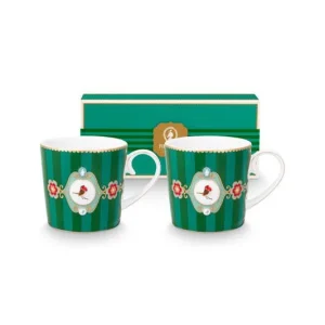 Pip Studio Mokken - Love Birds Medallion - Groen Gestreept - 190ml - Set van 2