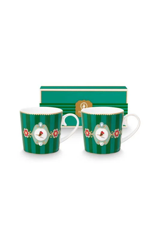 Pip Studio Mokken - Love Birds Medallion - Groen Gestreept - 190ml - Set van 2