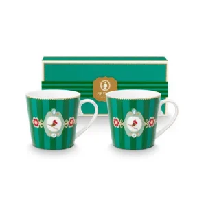 Pip Studio Mokken - Love Birds Medallion - Groen Gestreept - 300ml - Set van 2