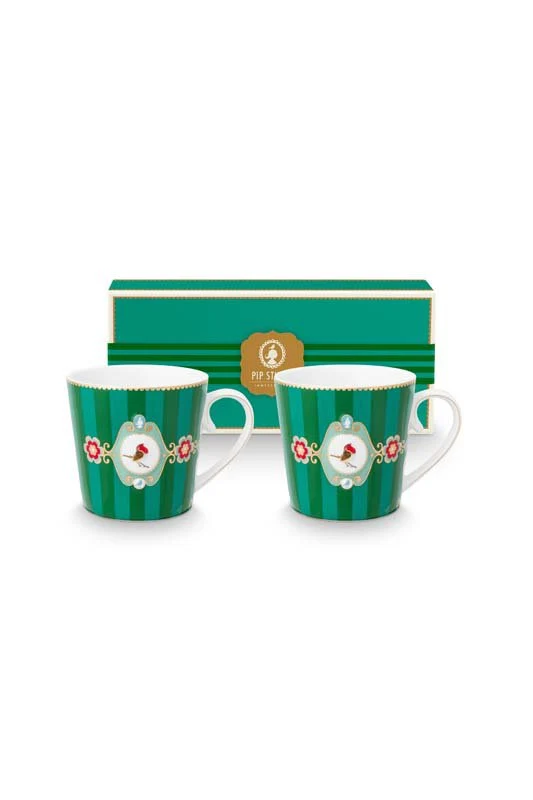 Pip Studio Mokken - Love Birds Medallion - Groen Gestreept - 300ml - Set van 2