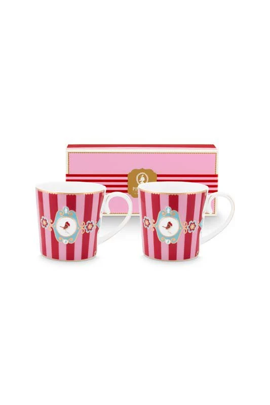 Pip Studio Mokken - Love Birds Medallion - Rood Gestreept - 190ml - Set van 2