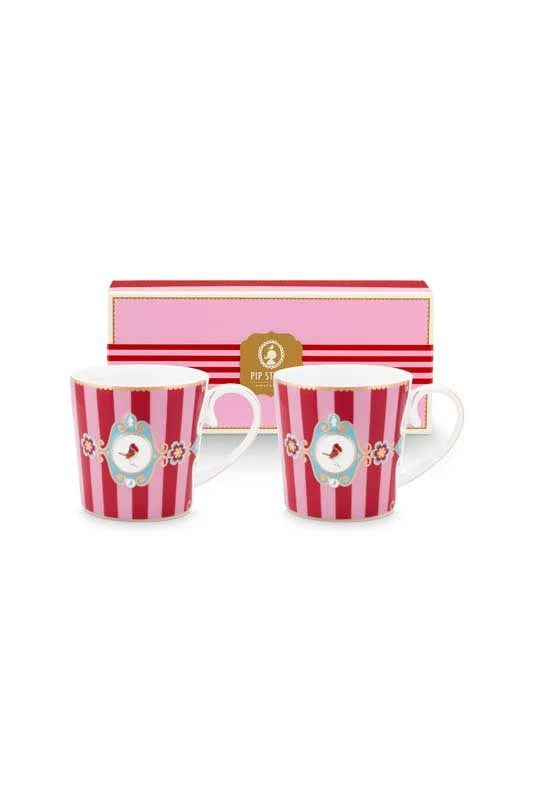 Pip Studio Mokken - Love Birds Medallion - Rood Gestreept- 300ml - Set van 2