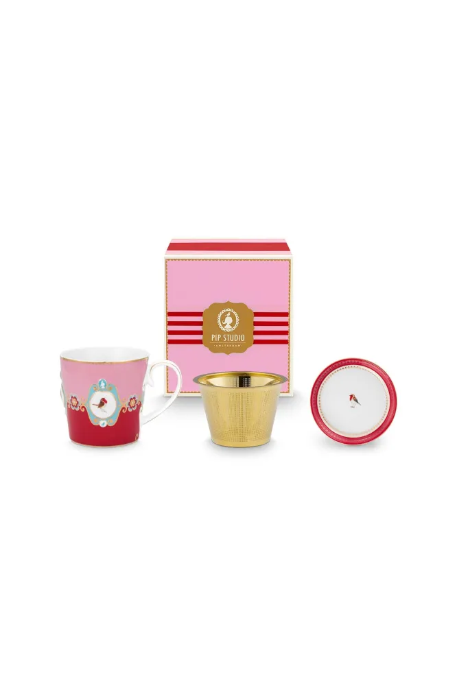 Pip Studio Theemok Set - Love Birds Medallion - Rood Roze - 300ml
