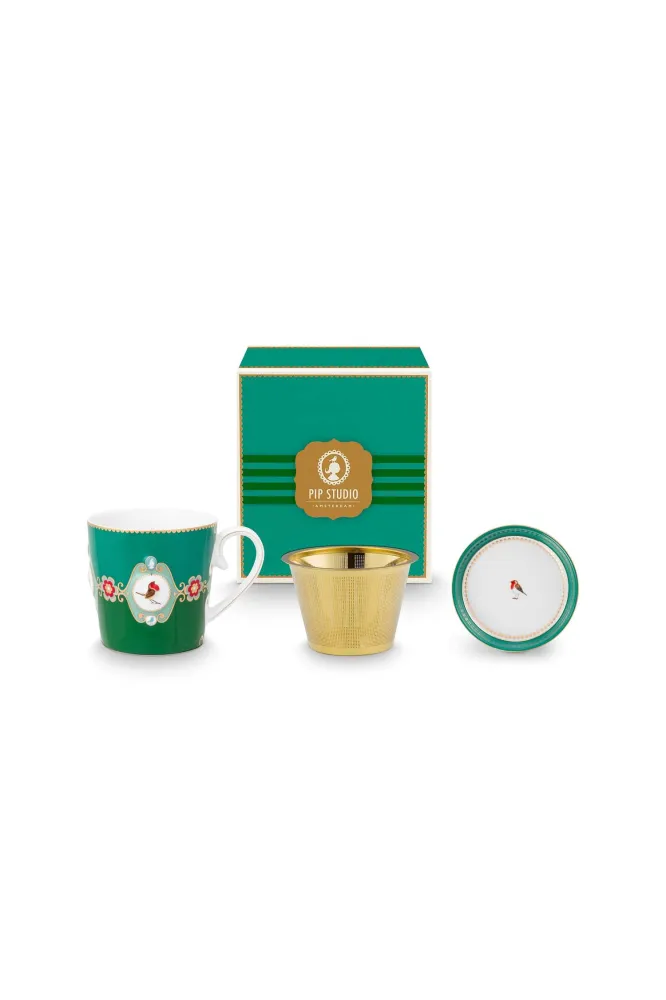 Pip Studio Theemok Set - Love Birds Medallion - Donkergroen - 300ml