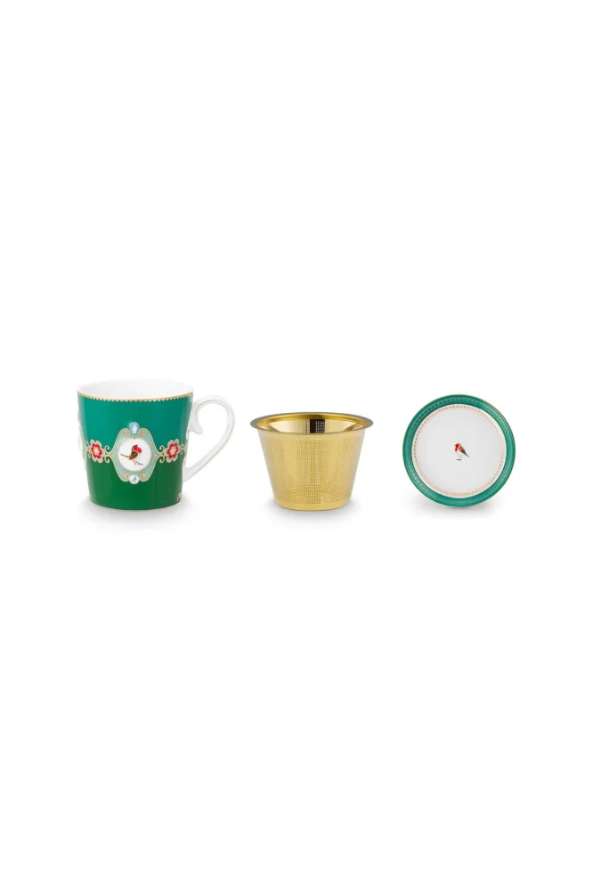 Pip Studio Theemok Set - Love Birds Medallion - Donkergroen - 300ml
