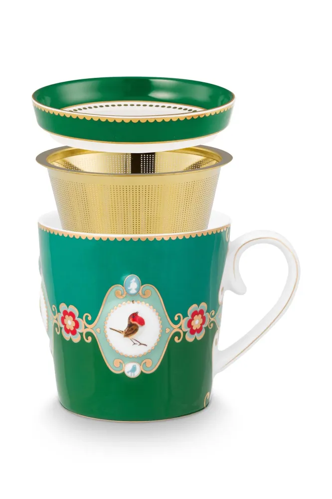 Pip Studio Theemok Set - Love Birds Medallion - Donkergroen - 300ml