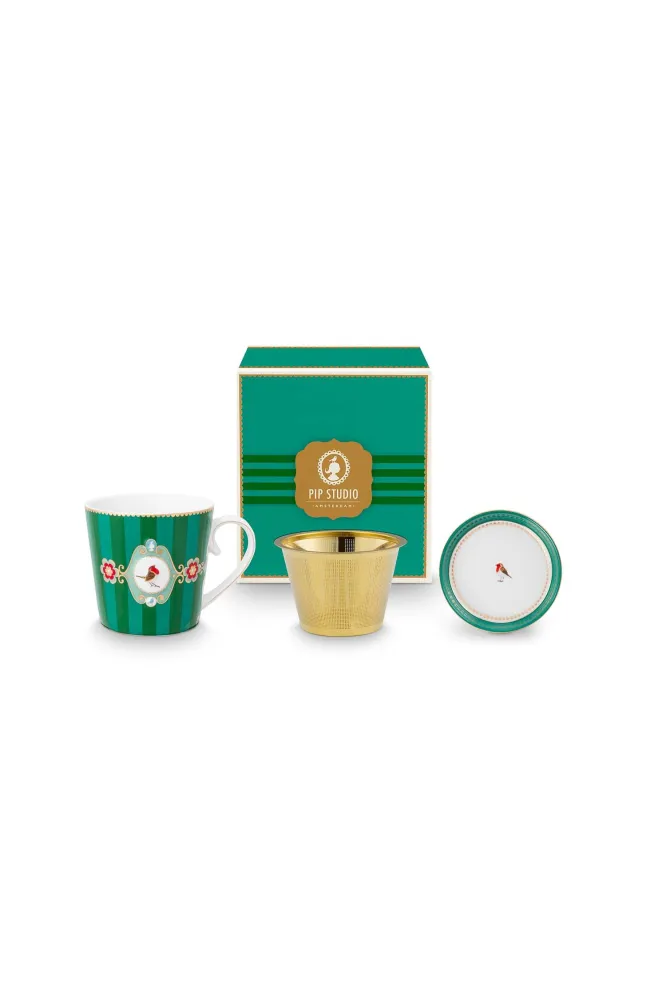 Pip Studio Theemok Set - Love Birds Medallion - Donkergroen - 300ml