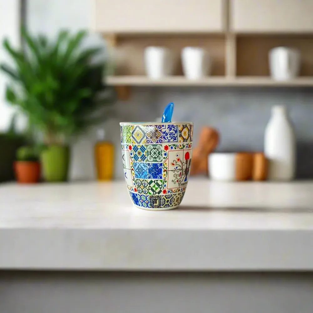 Portugese keramische espressokop met Galo de Barcelos, sardientjes, kleurrijk tegelpatroon en blauwe lepel – cadeaudoos in...