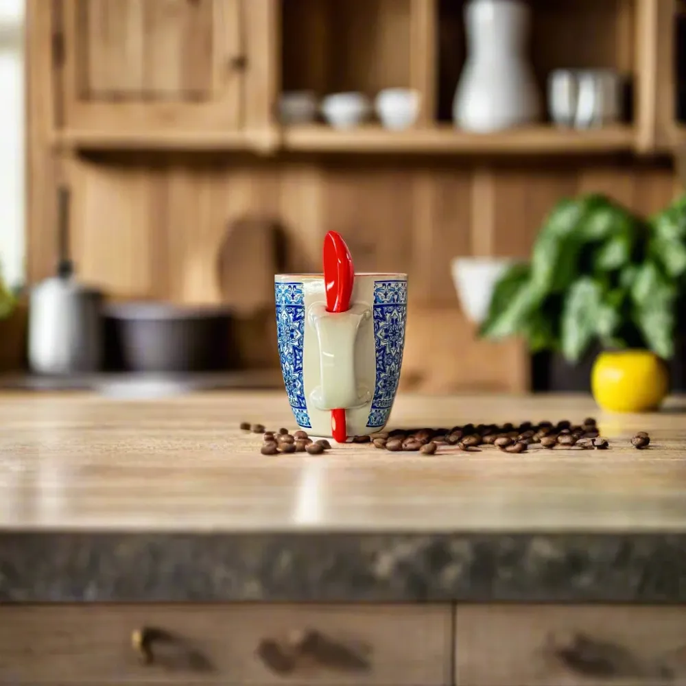 Portugese keramische espressokop met traditioneel blauw azulejo-tegelpatroon, rode lepel en bijpassende geschenkdoos
