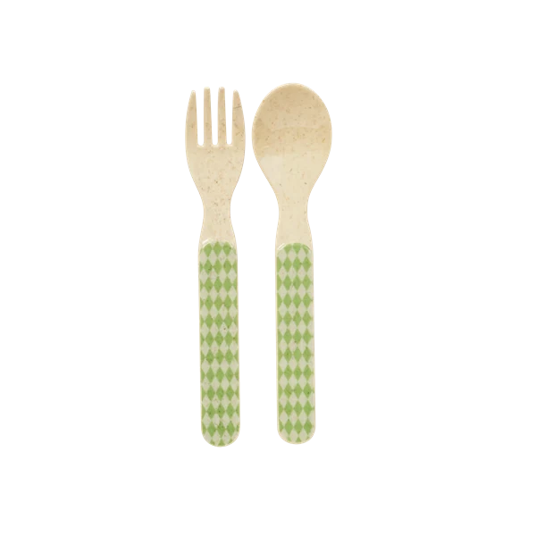 Rice Kids Bamboo Melamine Spoon And Fork Print Green