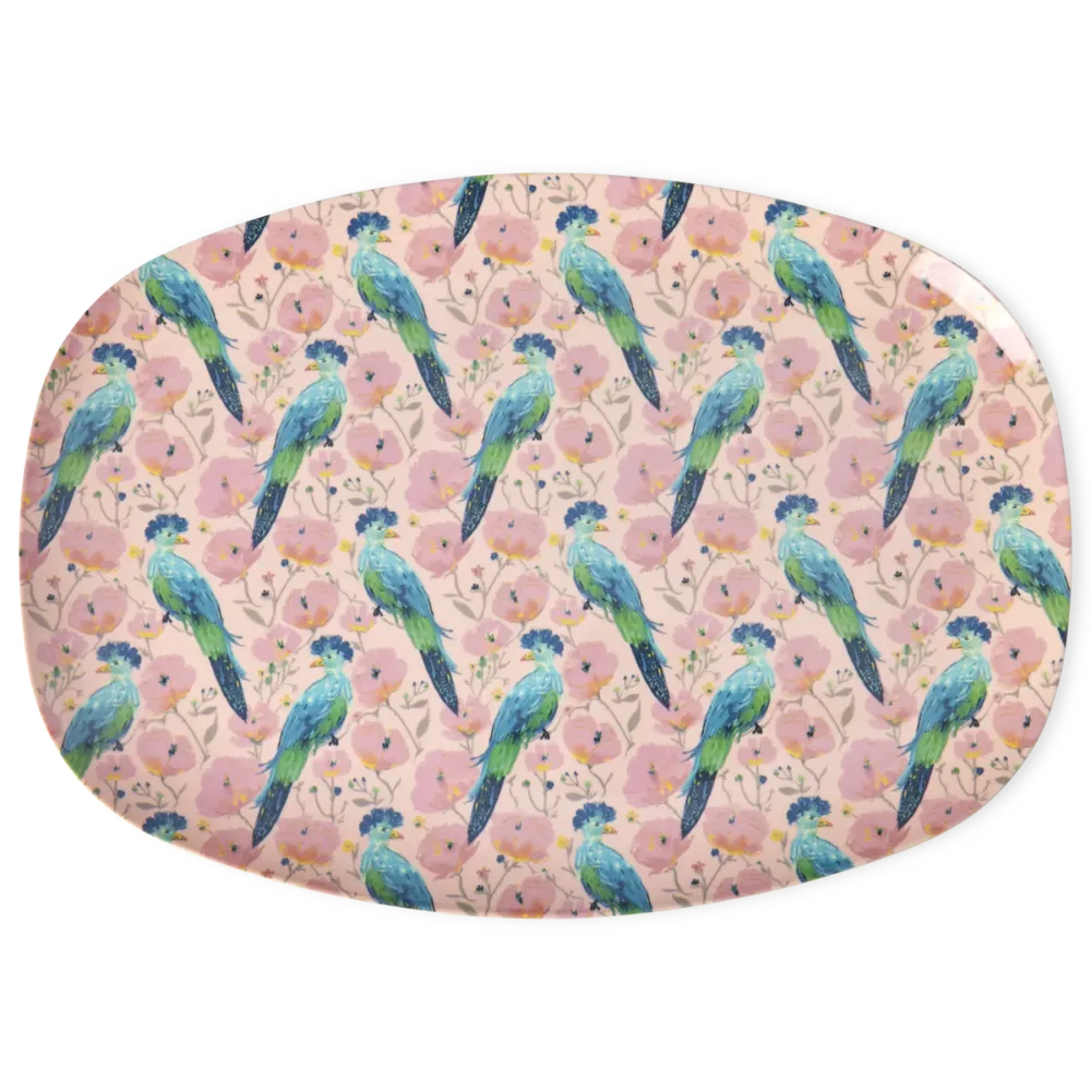 Rice large rectangular diner plate blue soft pink exotic bird print