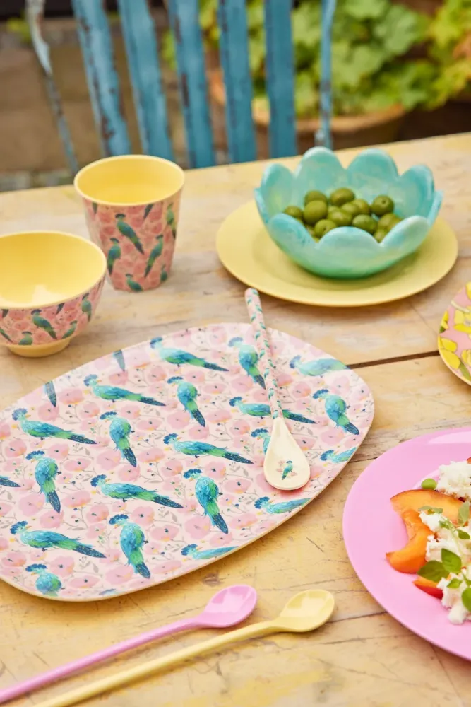 Rice large rectangular diner plate blue soft pink exotic bird print