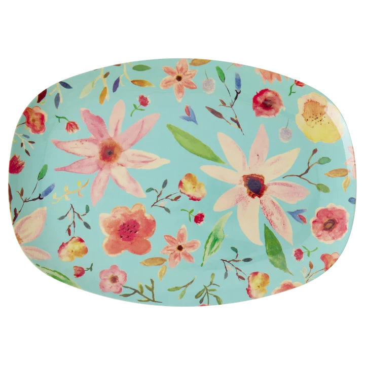 Rice large rectangular diner plate mint Selma flower