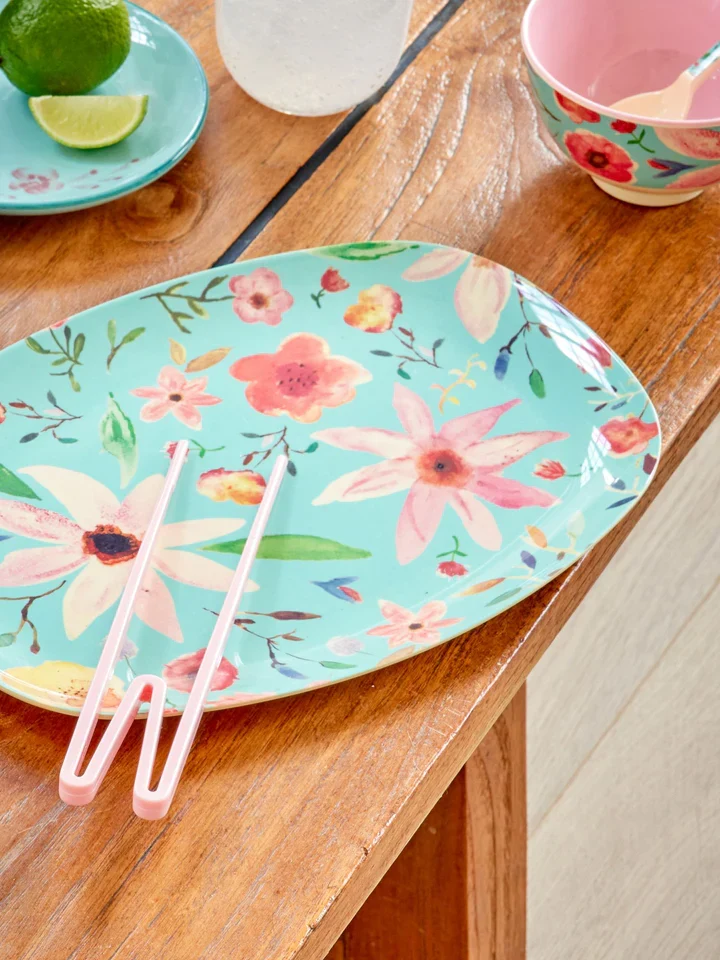 Rice large rectangular diner plate mint Selma flower