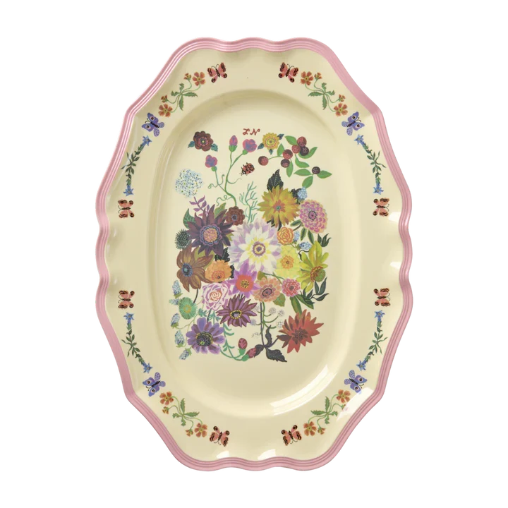 Rice large vintage serving dish pink Nathalie Léte print