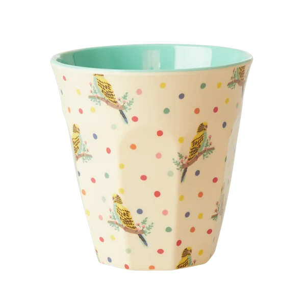 Rice medium melamine cup cream budgie print