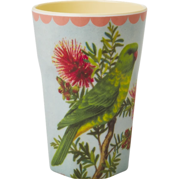 Rice Melamine Cup Vintage Parakeet Print Two Tone Tall