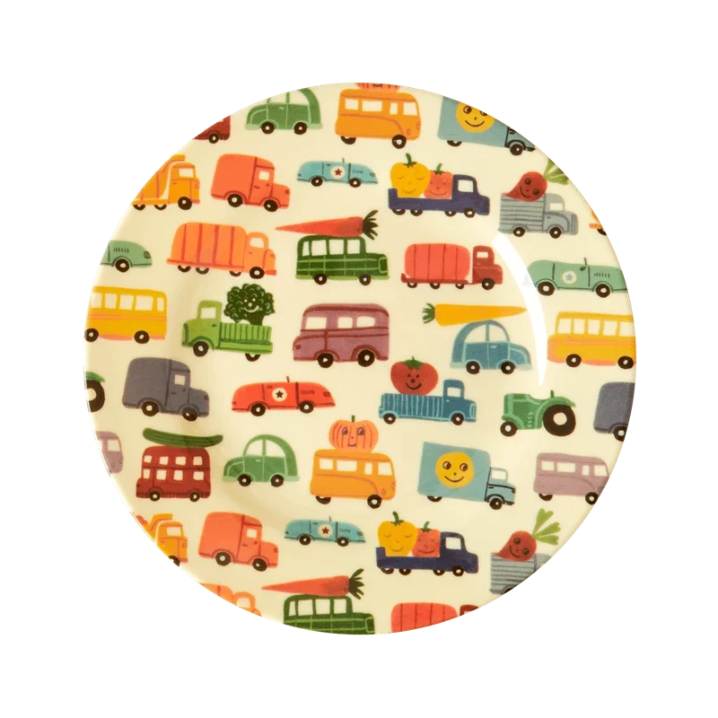Rice melamine kids lunch plate happy cars print