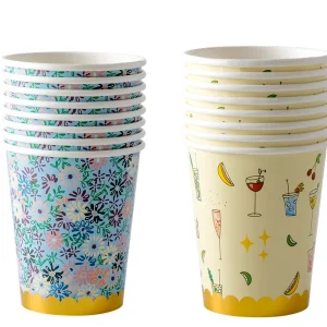 Rice 8 Paper Cups Coctail or Small Flower Print Gold Border Flower