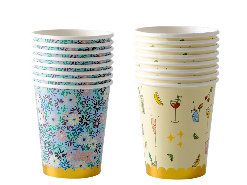 Rice 8 Paper Cups Coctail or Small Flower Print Gold Border Flower