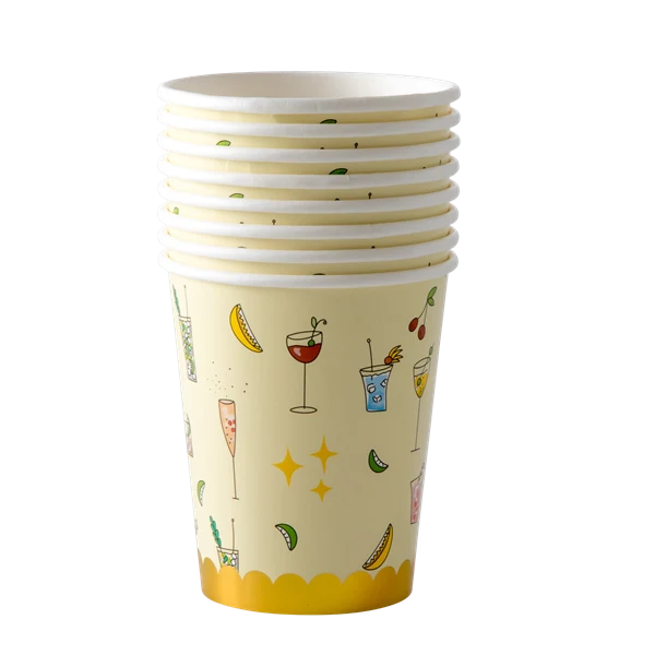 Rice 8 Paper Cups Coctail or Small Flower Print Gold Border Flower