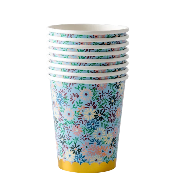 Rice 8 Paper Cups Coctail or Small Flower Print Gold Border Flower