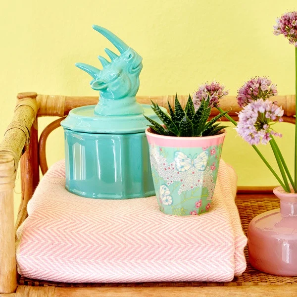 Rice Pastel Green Porcelain Jewelry Box Rhino Head On Lid